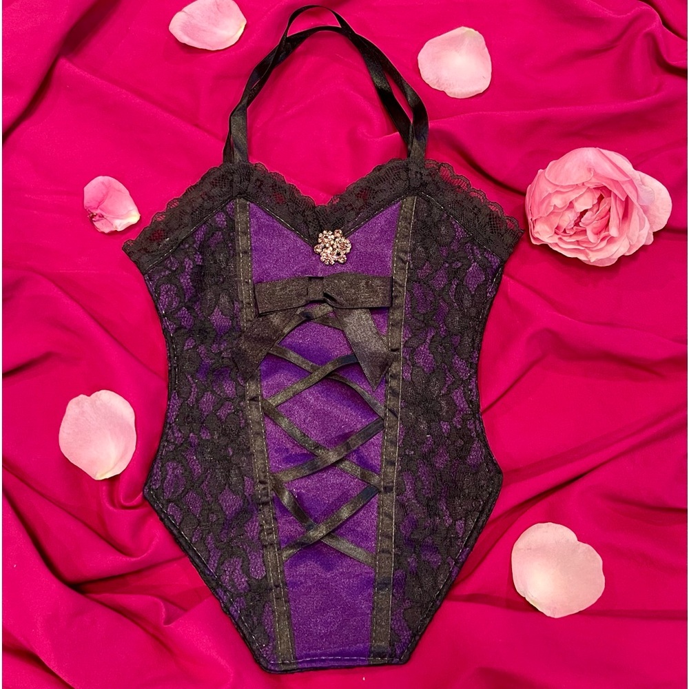 Purple Corset Bow Rhinestone Black Lace Purse Bag